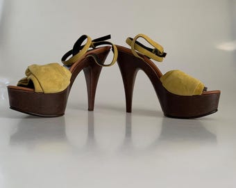 Vicini Made in Italy Suede Heeled sandals Platform Sandals Yellowish High Heels Genuine Suede Wooden sole Chunky Unisex pumps SizeUS8.5 EU40