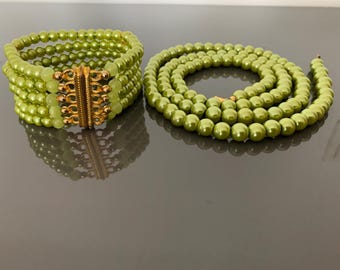 Green Faux Pearl Jewelry Set Multi-strand Apple Green Cuff 5-Strand Bracelet & Long Necklace Vintage Style Statement pearl necklace