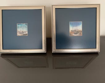 Framed Miniature Sailboat Watercolors – Set of 2 Nautical Paintings, Coastal Wall Art 25x25 cm