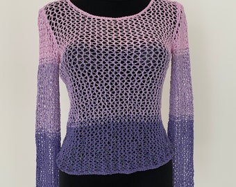 Crochet Handcrafted Sweater Vintage Pink & PurpleTop Knitted Mesh Sweater Casual Summer Top See-through Boho Shrug Embroidered Mesh Sweater