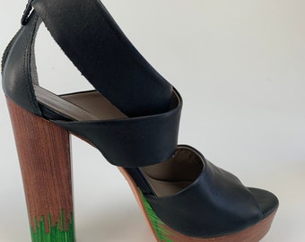 High heel Ankle Lace Strap Sandals with zipper SKIN by FINSK Designer Platform Heels Black & Green Comfortable Summer Platform Shoes