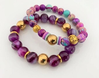 Gemstone Bracelet Set – Jasper & Agate Bracelets, Purple Turquoise Gold Beaded Stretch Bracelets
