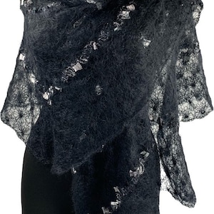 Luxury Black knitted evening scarf Crochet triangle shawl Mohair yarn cape Thin Soft Luxury Handcrafted shiny poncho