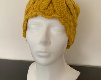 Women's Winter Knit Mustard color Beanie Hat Soft Crochet Skullies Beanies with Flower Accent