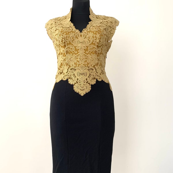 Vintage Karen Millen Dress Black & Gold Pencil dress Lace detail dress Midi Stretch Evening dress