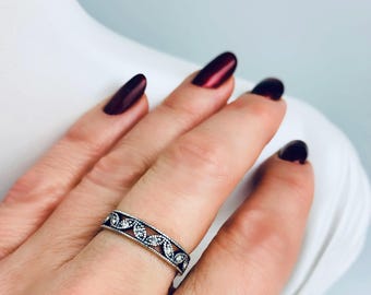 Sterling Silver Unisex Band Ring Stacking Ring Embossed pattern ring Boho Stacker Thin Silver Ring