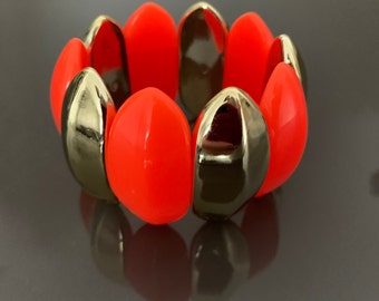 Wide Orange & Gold Costume bangle 1990s style Plastic Bracelet Chunky Bright Neon  Orange plastic Cuff bracelet Beaded Stretch Bangle