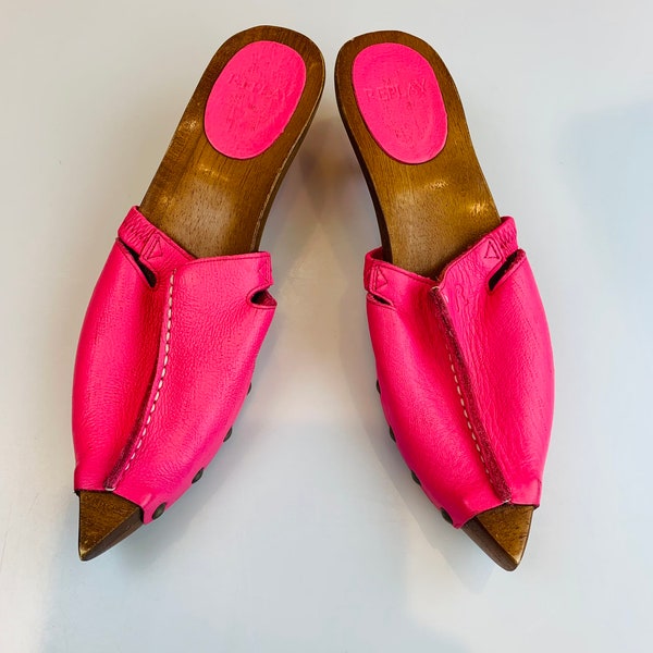 Hot pink Wood Platform Clogs Fuchsia Natural Learther clogs REPLAY bold clogs Heel Women Party Clogs