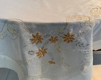Nappe royale beige vintage Nappe de vacances Ivoire et or Nappe tansparente florale brodée grand rectangle
