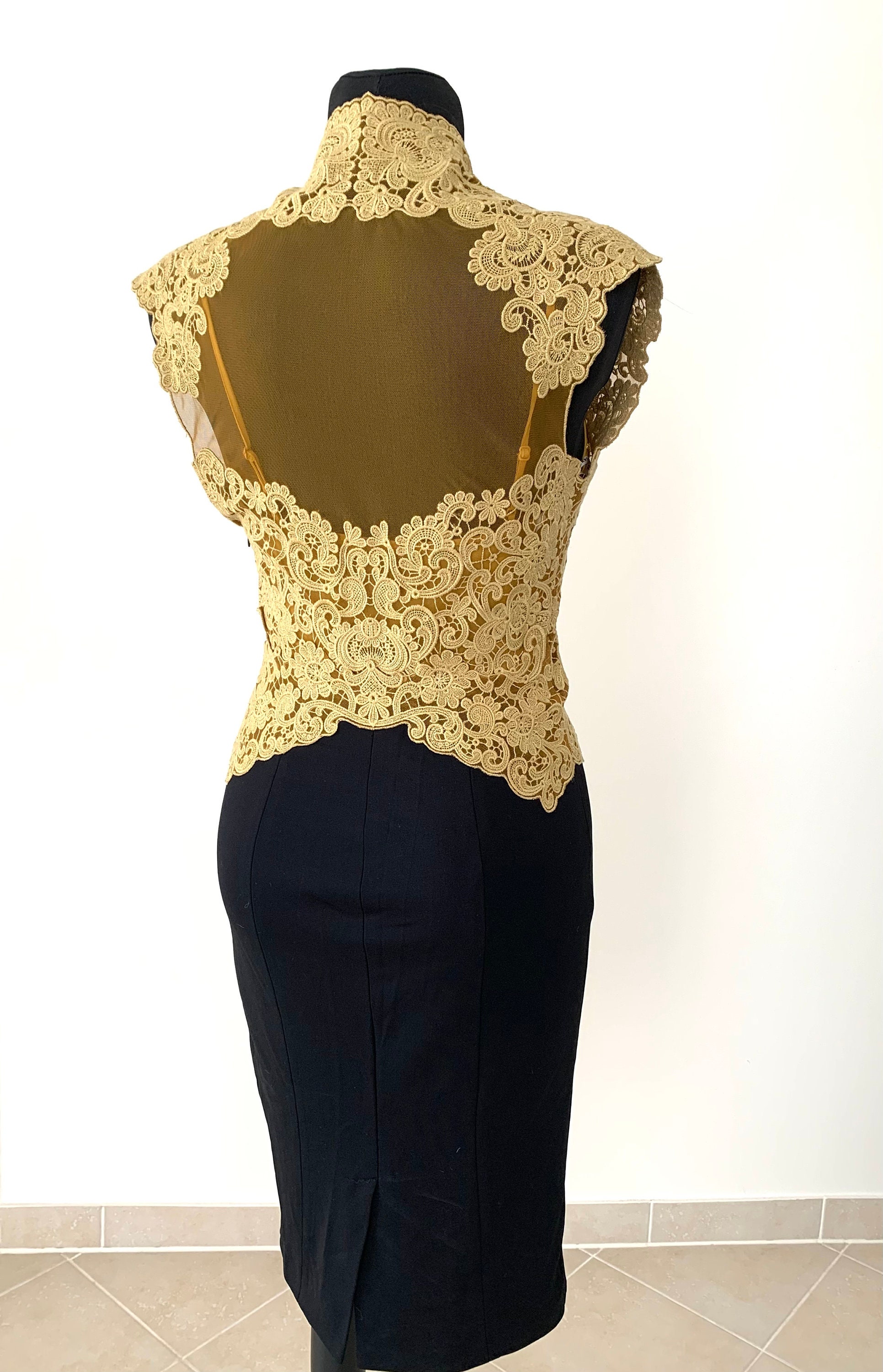 Vintage Karen Millen Dress Black & Gold Pencil Dress Lace