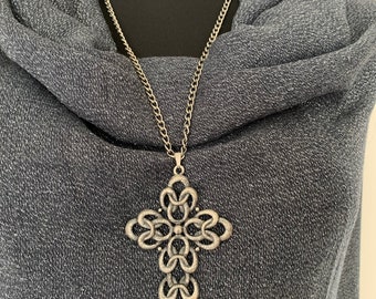 Sarah Coventry Cross Pendant and Chain Necklace Vintage 1970s Large Silver Cross Chunky bold statement necklace with Openwork cross