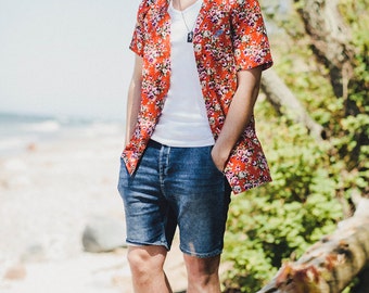 Red Hawaiian shirt  for holiday party Men's floral Hawaiian shirt Flower print Unisex Aloha Hawaiian shirt in a gift box