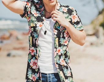 Black floral Hawaiian shirt Men's Hawaiian shirt Flower print Hawaiian shirt in a gift box