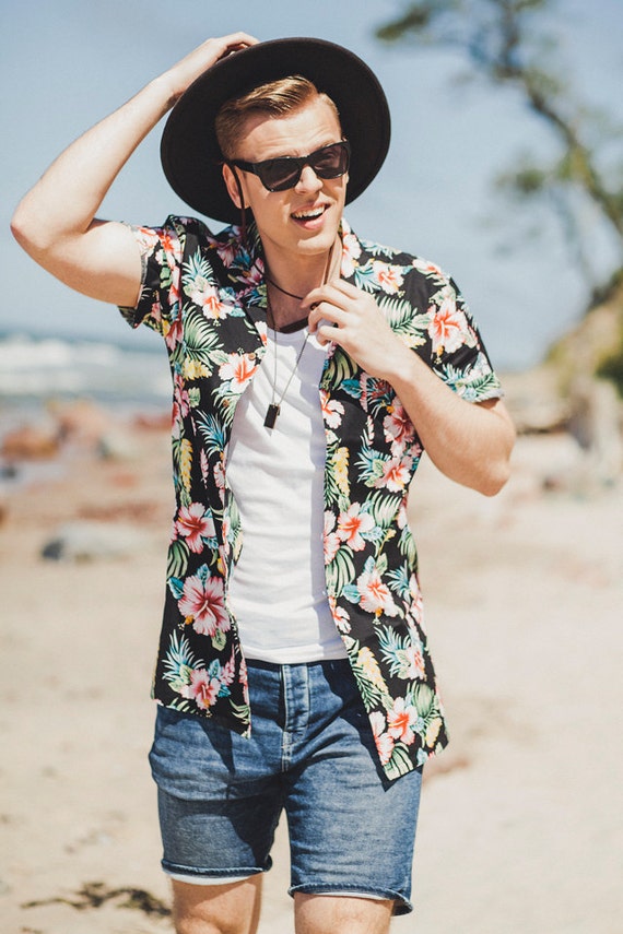 HISDERN Mannen Gekke Hawaïaanse shirts korte mouwen voorzak vakantie zomer Aloha gedrukt strand casual Hawaii shirt S-2XL, Lichtblauw-1, L