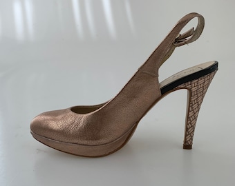 Shiny Rose gold slingback heels Vintage VIENTY shoes Chunky Party Heels Leather Platform Sandals Glitter Stiletto High Heels Size US 7