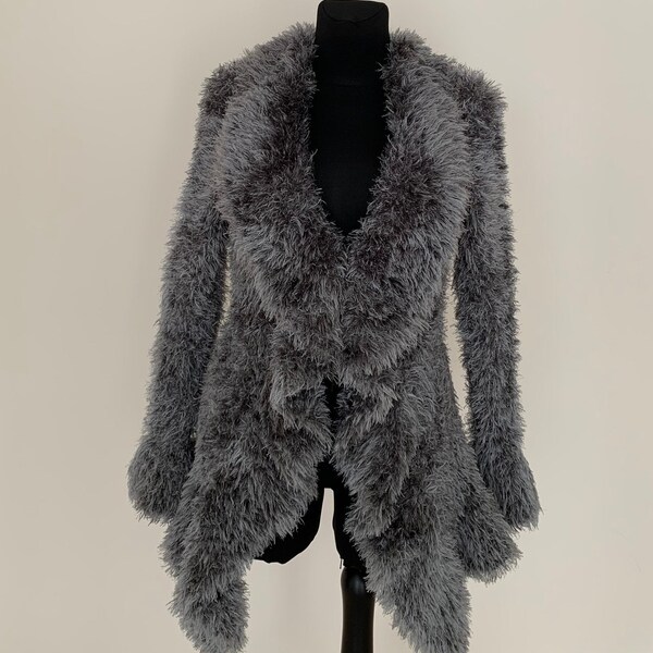 Fuzzy Furry Shaggy Cardigan Grau Grobstrick Oversized Pullover Vintage Pullover 1990er M/L Warme Abendmode