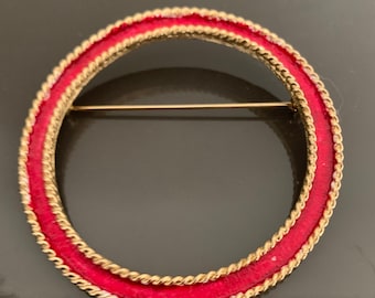 Vintage 1980s Mamselle Brooch Red & Gold Extra Large Circle Brooch Mamselle Jewelry Chunky Enamel Brooch
