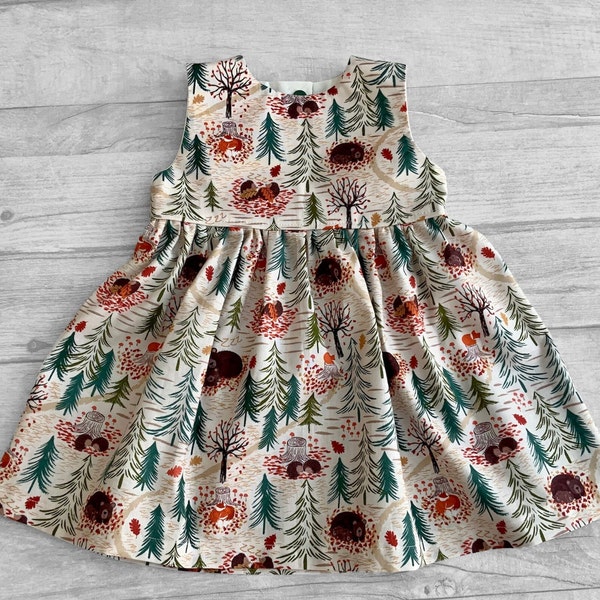 Girls Bear in the woods autumnal spring dress, headband and bloomers option, Cotton Dress,  Toddler dress, baby outfit, 0-10 years