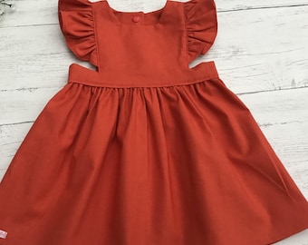 Burnt Orange Pinafore Dress: Vintage Style Flutter Sleeve Toddler Overall
