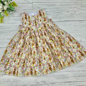 Girls Easter Dress: Rabbit Floral Print, Handmade Cotton Outfit