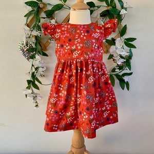 Girls Red Floral Dress: Handmade Cotton Flutter Sleeve Outfit