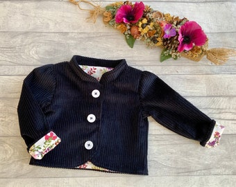 Girls Navy Blue Jacket, Fully lined in floral cotton print, 2-10 years, choice of button colour, side pocket option,