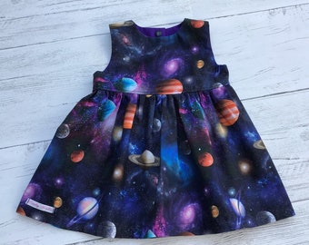 Girls space dress, baby girl planet dress, girls clothing, sleeveless dresses, optional nappy pants, galaxy dress, solar system,