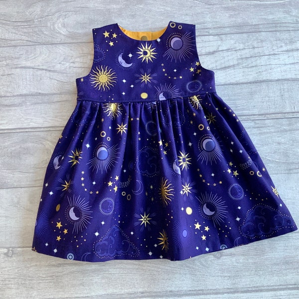 Girls midnight blue party dress, metallic gold sun and stars, baby dress, gift for girls, celestial, 0-10 years,  Button or Snap fastening,