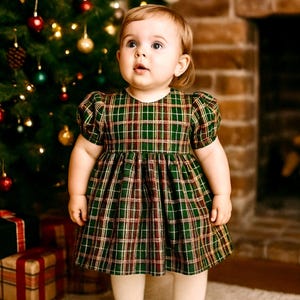 Girls Tartan and Metallic Gold Dress with oversize puff sleeves, toddler party outfit, special occasion , 1-12 yrs, choice of green or red