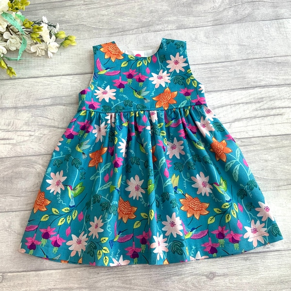 Girls Hummingbird Sleeveless dress, Cotton summer dress, headband and bloomers option, Floral print, Teal Blue, Toddler dress, baby outfit