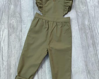 Flutter sleeve Jumpsuit, Khaki pantsuit, Girls playsuit, 1-10yrs, kids casual wear, 5 colour options
