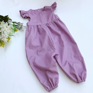 Girls Bubble Romper, long leg with flutter sleeves, baby girl romper, girls play suit, lilac and white spot jumpsuit