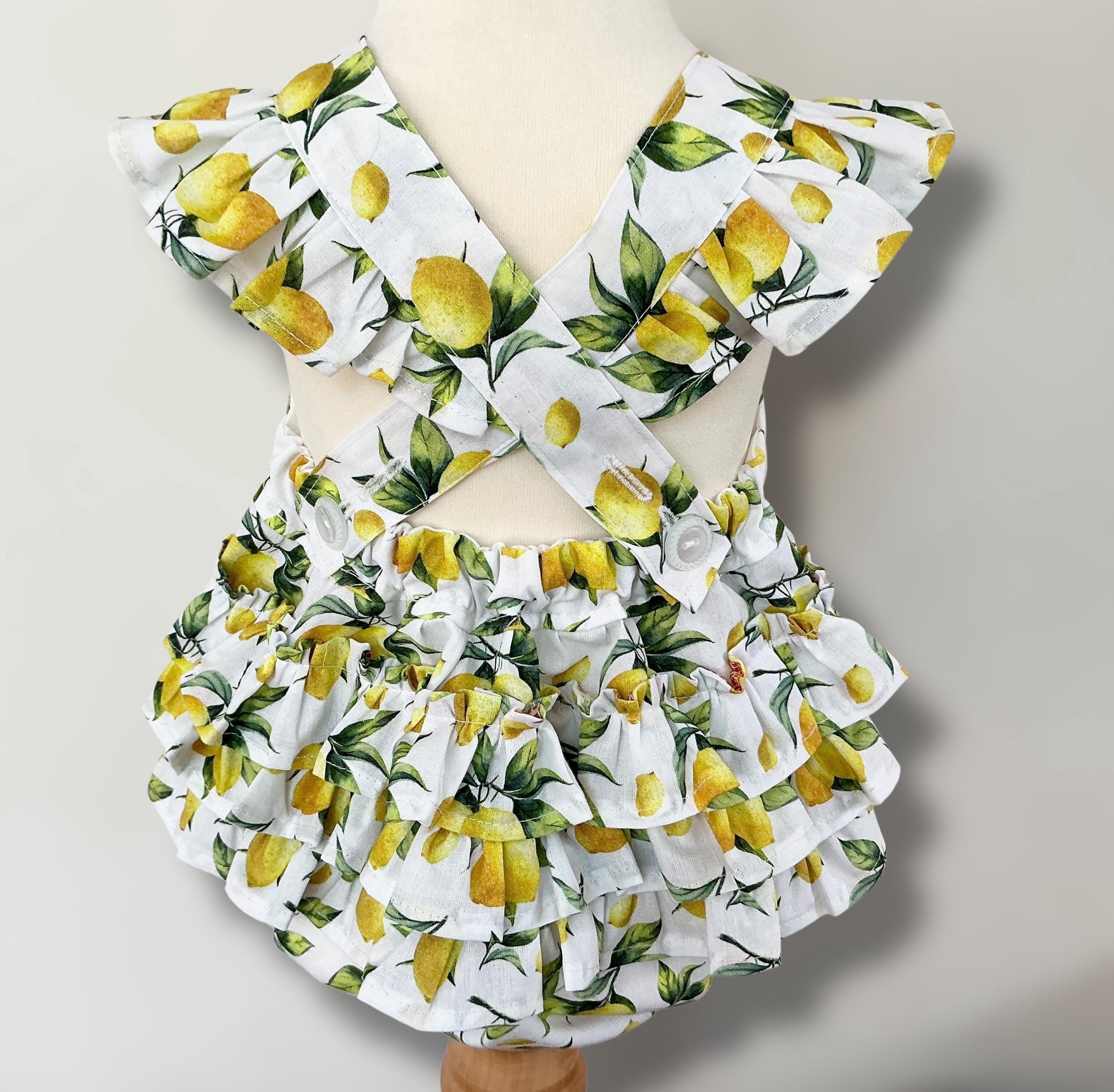 Lemon Print Baby Romper: Flutter Straps, Ruffle Bottom - Handmade