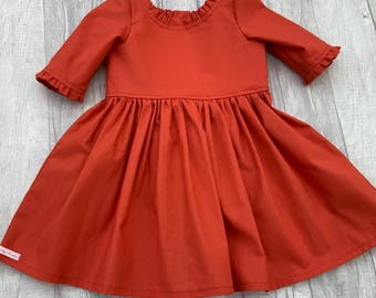 Girls Cotton Dress: Ruffle Neck, Full Skirt - Autumn Winter Clothing