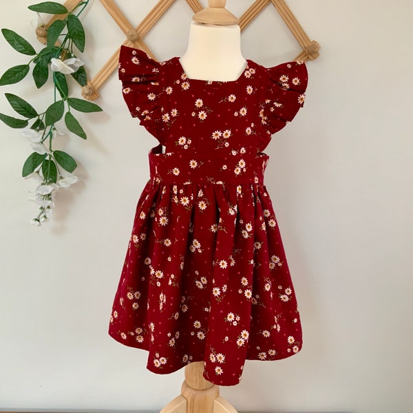 Girls burgundy pinafore dress with flutter sleeves,  0-10 years, soft babycord fabric, toddler overall, baby  pinny, autumn outfit