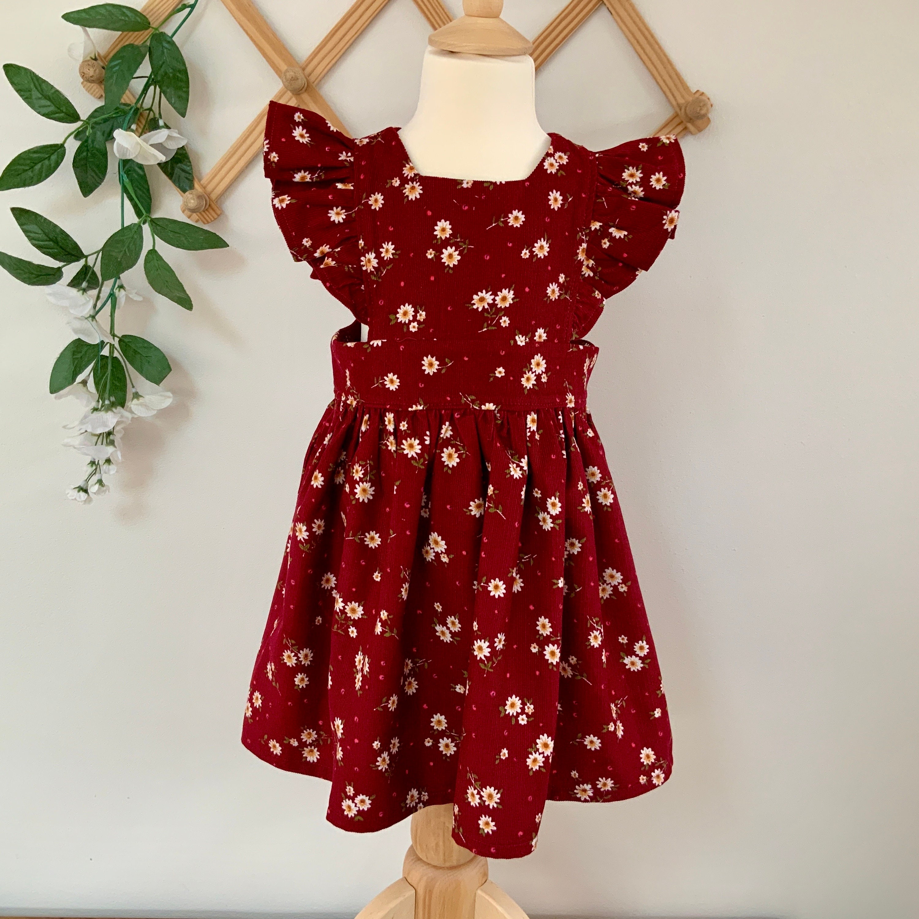 Girls burgundy pinafore dress with flutter sleeves 0 10 years soft babycord fabric toddler overall baby pinny autumn outfit