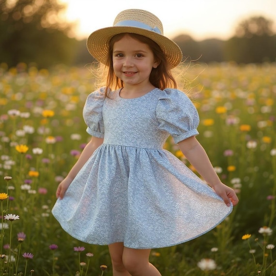 toddler blue floral dress Handmade Blue Floral Girl Dress Vintage Cotton Summer Toddler Outfit 7Y