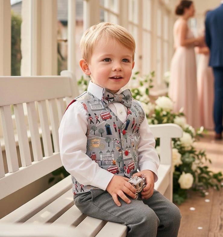Boys Waistcoat in London Print, 0-10 years, wedding party outfit, optional matching bow tie