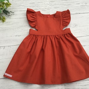 Burnt Orange Pinafore dress, vintage style with flutter sleeves, 0-10 years, toddler overall, autumn pinny, girls clothing