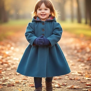 May include: A young child wearing a teal blue coat with a flared skirt, buttoned front, and a hood with a plaid lining. The child is also wearing navy blue gloves and brown boots. The background shows a path covered in fallen autumn leaves.