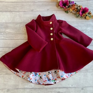 Girls Burgundy  Red Winter Coat fully lined with hi-lo hem, duchess style jacket, with or without side pockets