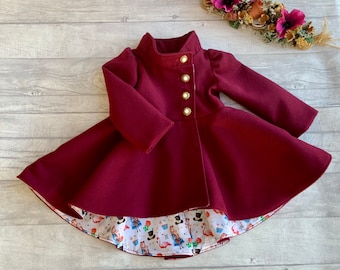 Girls Burgundy Duchess Coat: Hi-Lo Hem, Antique Gold Buttons