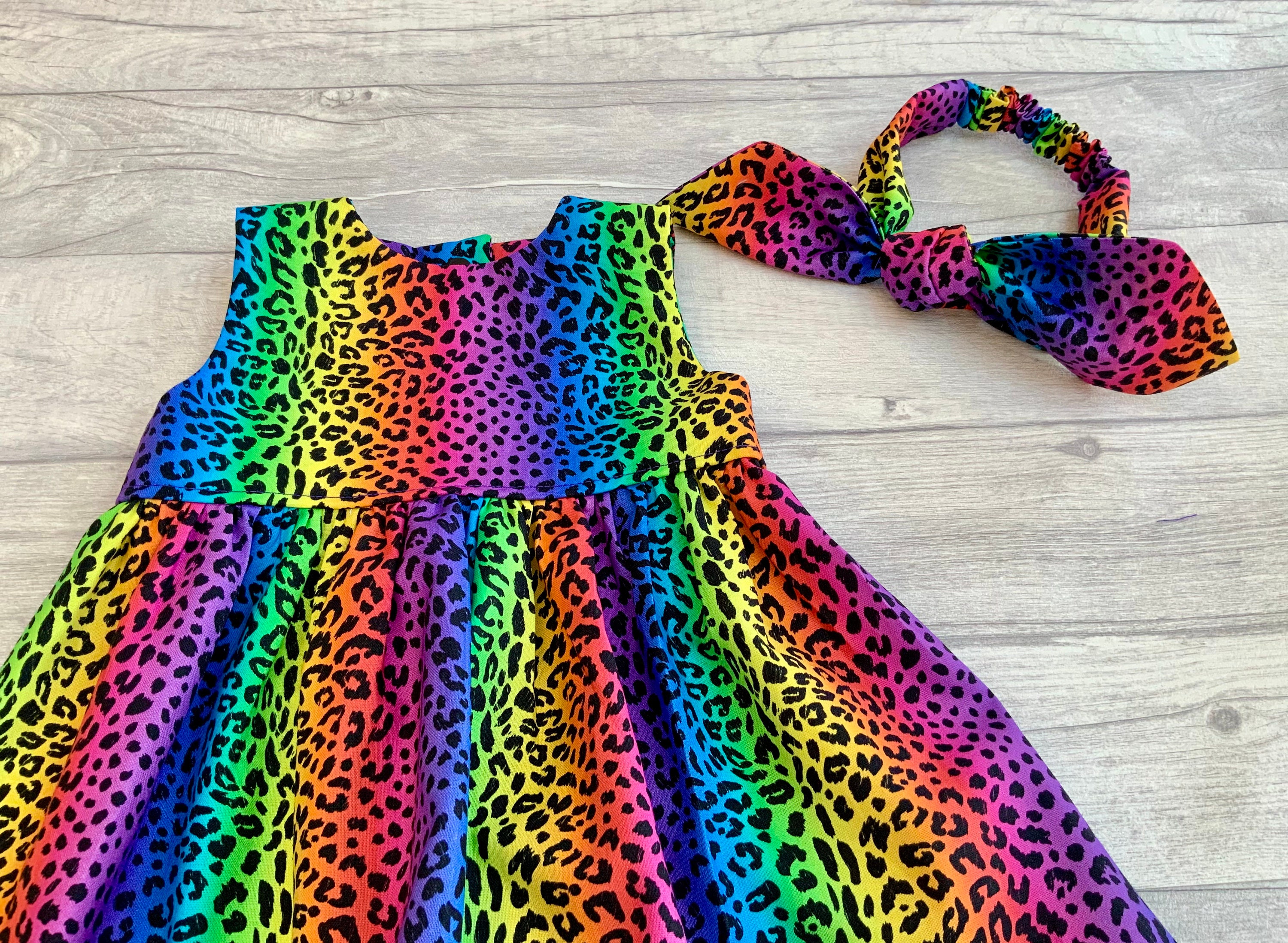 Girls Rainbow Leopard Sleeveless Dress with matching bloomers and headband option, available 0-10 years,
