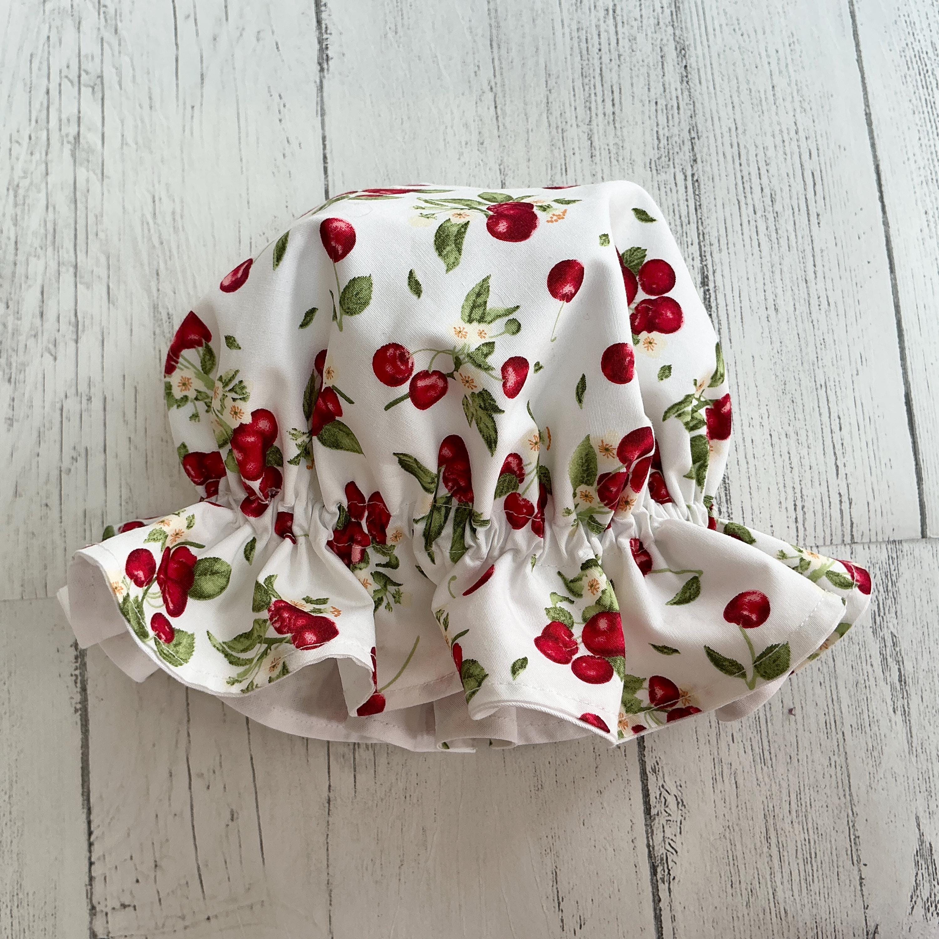 Kids Hat, Mop Bonnet, Cotton Cherry Print, 0-10 years, Gift for Baby, Elasticated Bonnet, Summer headwear, Victorian Style