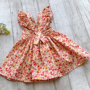 Girls Floral Pinny Dress: Handmade Cotton Flutter Sleeve Outfit