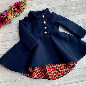 Girls Navy Blue Winter Coat fully lined with hi-lo hem, duchess style jacket, with or without side pockets, Girls winter jacket