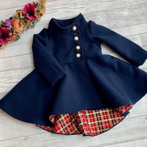 Girls Navy Blue Winter Coat fully lined with hi-lo hem, duchess style jacket, with or without side pockets, Girls winter jacket