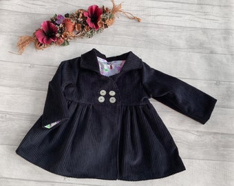 Girls Navy Winter Coat, Girls Blue Jacket, Fully Lined Toddler Coat, Jumbo Cord Fabric, Choice of Buttons and Lining, Girls Clothing