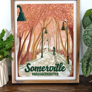 Somerville, Massachusetts Illustration - Bike Path - Davis Square- Somerville Travel Poster