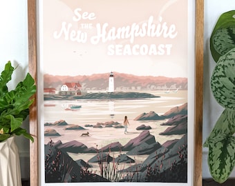 Impresión de la costa de New Hampshire - New Castle, NH - Faro del puerto de Portsmouth - Póster de viaje